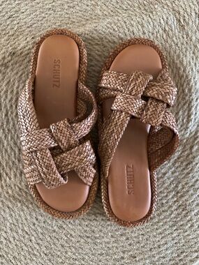 SCHUTZ Braided Tan Slide Sandals